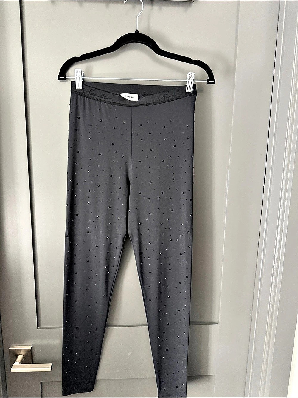 Sandro Leggings Embellished With Rhinestones Gray